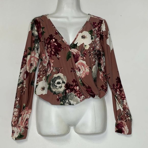 Agaci Women Blouse Size Small Pink Floral Long Sleeve  V Neck Pullover Cuffed‎ - Picture 1 of 10